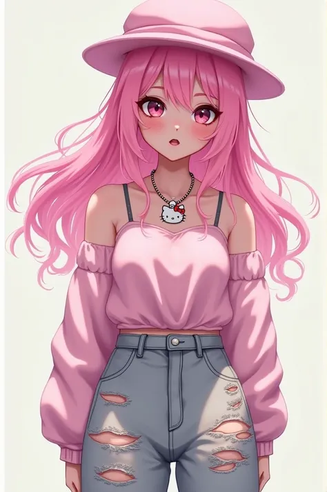 Her hair is pink she has a pink hat is white she has a hello kitty necklace her pink clothes gray pants with anime cuts
