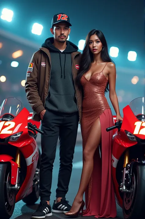  Livery Number 12 MotoGP Monster Energy Motorcycle Race 2024,  25-year-old Indonesian handsome man Standing wearing basketball cap 12 , Sweater hoodie jacket , and female artist Kajol Devgan wears sexy dress  