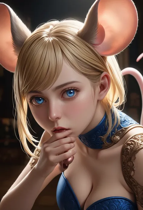 a beautiful blonde girl with blue eyes, mouse ears and tail, human face pushing outward into a mouse nose, large breasts, perverse expression, highres, 4k, 8k, best quality, photorealistic, detailed face, intricate details, realistic skin texture, detailed...