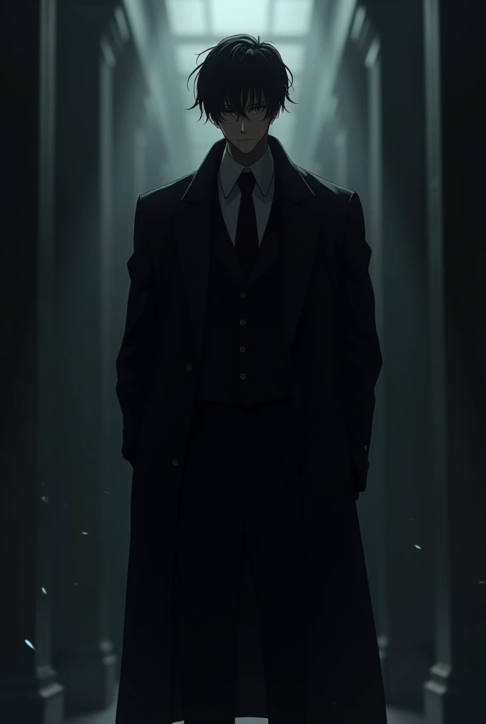 a mysterious adult man in a black suit full body anime trait