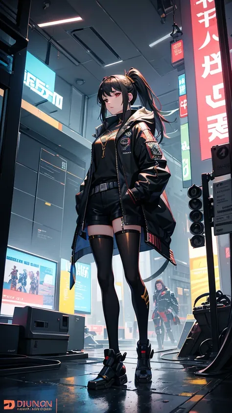 boutique,最 High Quality , Gold Jewelry,(My legs come off),Fairy Skin,(Faithfulness :1.2), Standing , super detailed, realistic , High Quality , Movie Light ,  ray tracking ,, upper body, Girl in shorts and jacket standing next to giant robot, Gwaiz style a...