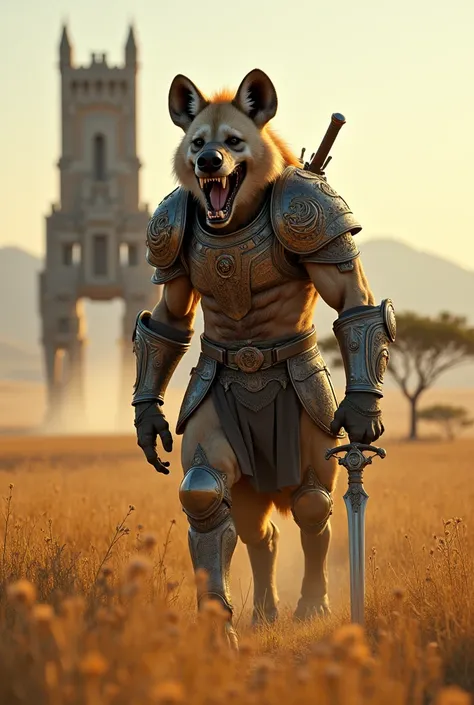 In high quality 8k Full HD , A warrior hyena in armor,  castle on two legs walking in a straight line, with a sword in his hand and a savanna in the background 