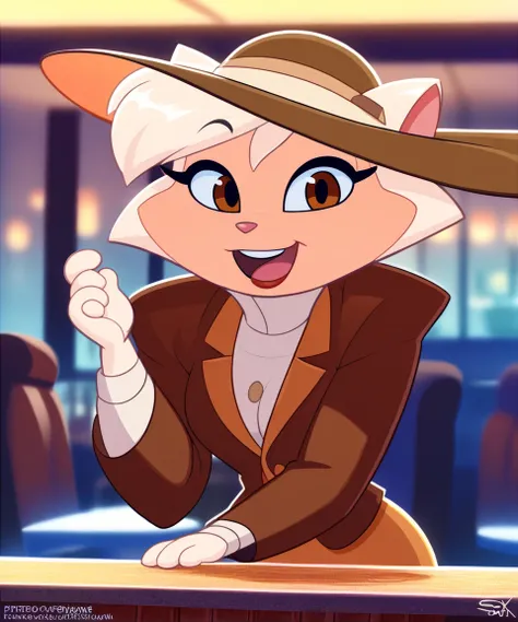 source_furry, solo, sawyer, female, brown eyes, brown suit, wide brim hat, open smile, looking at viewer, restaurant, by sssonic2,by sigma_x,by kilinah, score_9, score_8_up, score_7_up, score_6_up, score_5_up, score_4_up, arms on the table