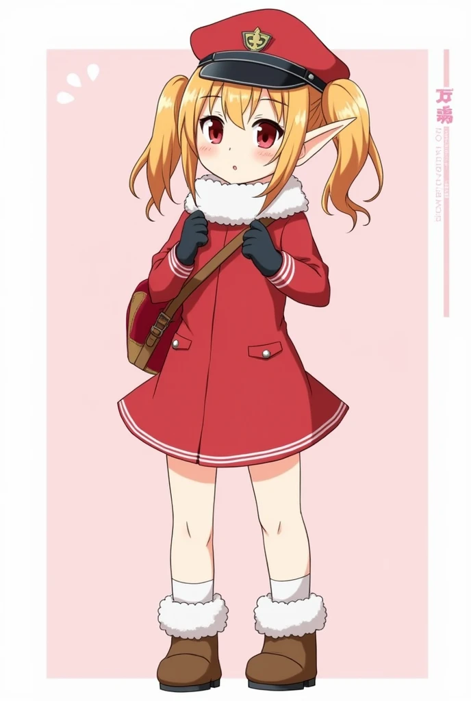 Lori ,Skin colored hair , red eyes,Ah Hey Yan, Elf ears,
Wear gloves, with a red captain hat on his head , carrying a red Japanese elementary school bag, red dress, wearing brown snow boots and white socks, bangs, Aho, Twin ponytails, Full body character t...