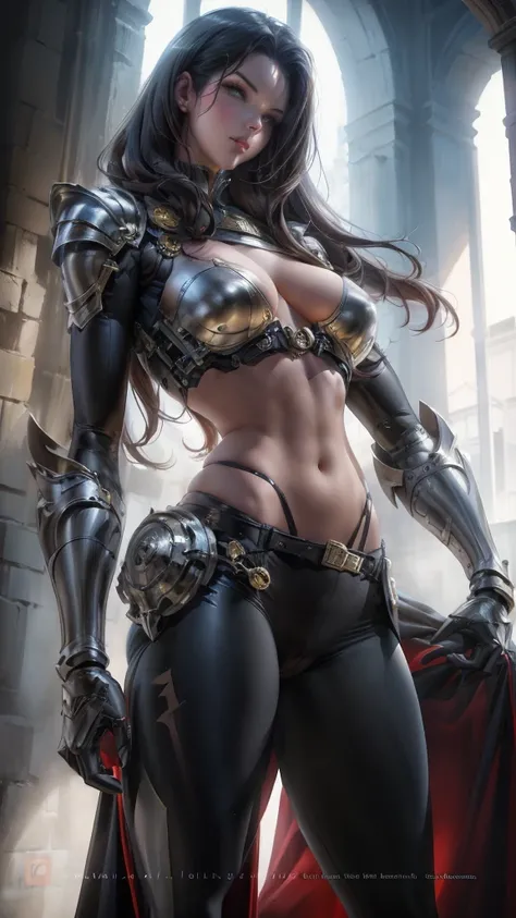 Tall beautiful woman with dark hair wearing highly realistic and detailed robotic armor