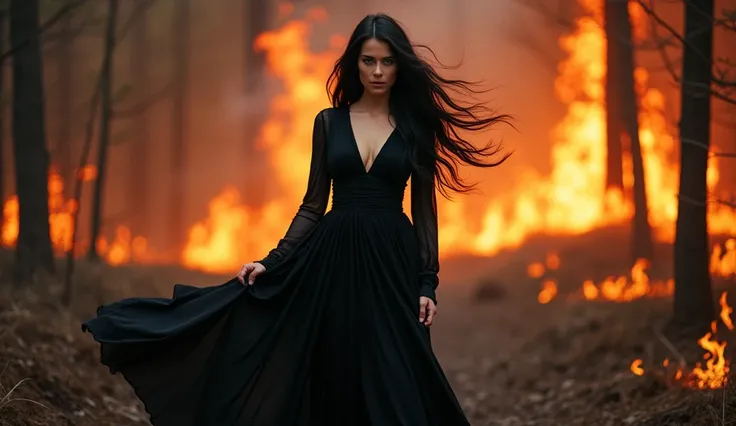 Young woman with long black hair and blue eyes, generous body in a long black dress with long sleeves and a neckline with a burning forest behind her. wide angle. full body