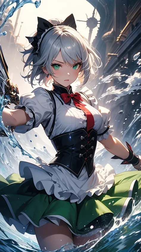 masterpiece,  top quality, Illustration,  battle pose,  1 girl, Noel Genshin Impact, short silver hair,  green eyes,  maid skirt with red side parts, Maid Knight, Maid Knight armor, Chengqiao, water,