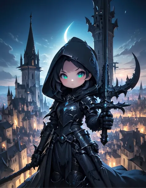 Female assassin, cute cartoon, with giant scythe, hood, black armor, on top of a tower with a moonlit medieval city in the background (showing from the waist up)