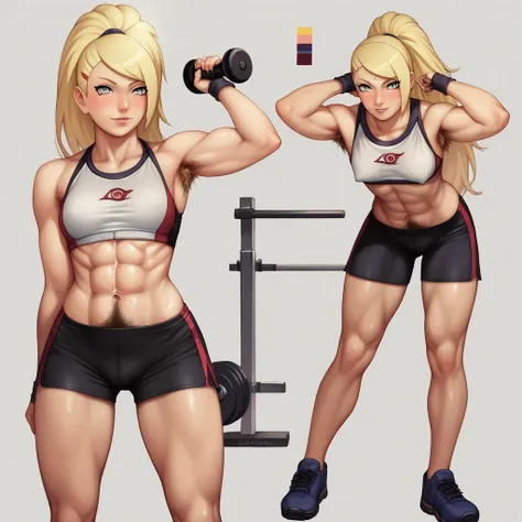 highly detailed, score_9, score_8_up, score_7_up, score_6_up, masterpiece:1.2, best quality, ((ino yamanaka from naruto)), blonde hair, abs, excessive armpit hair, armpit peek, hairy stomach, (small breasts), ((excessive pubic hair)), abdominal hair, ((blo...