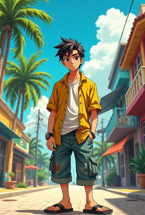 A man in casual Brazilian clothing, an anime trait