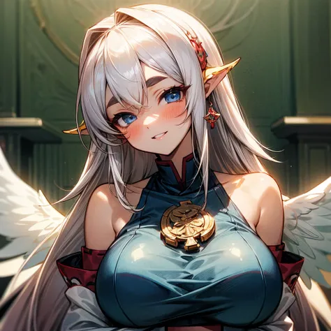 1girl, big breasts, solo, smile, blue eyes, looking at viewer, blush, large breasts, eyebrows visible through hair, white hair, long hair, upper body, bangs, parted lips, miko, white lamia, lamia, white wings closed on the head , gesugao