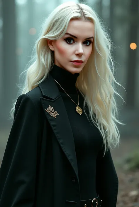  Beautiful young woman with platinum blonde long hair, dressed in black, Rollkragen, mantel, Astrology, clairvoyance, Steinzeichen, Spiritual, Celtic