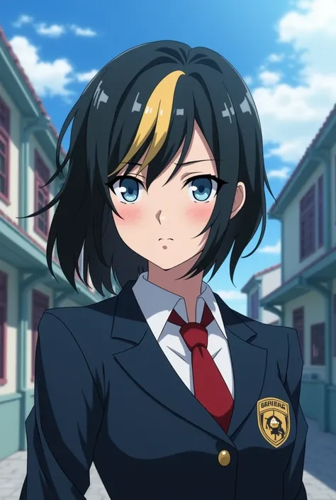 Screenshot of my hero academia. Girl with medium-long black hair with a blonde lock with blue eyes wearing a UA uniform with a UA background with a serious expression 