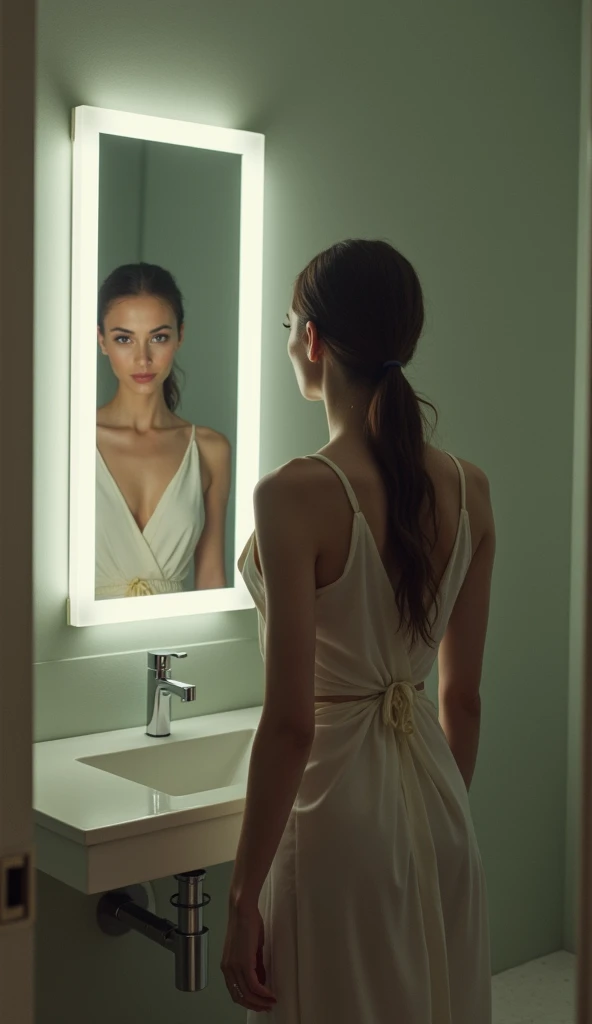  image of a very thin and somewhat depressed woman looking in the bathroom mirror and looking different, strong, well dressed and very beautiful ,  symbolizing her mental self-image .