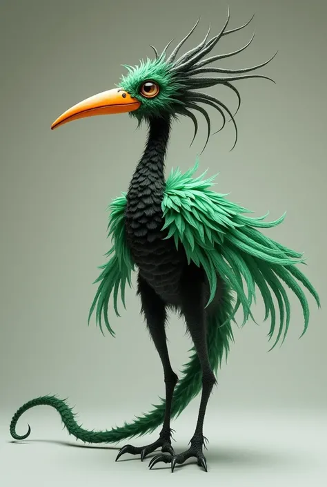 I need to create an image of a Zunzun puppet with the colors green and black and an elongated, orange beak with a long tail