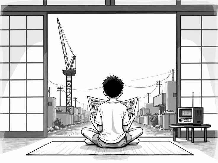 Illustrate a scene from the 1950-60s inside a traditional Japanese house with sliding paper doors  (shoji). a boy,  sitting cross-legged on a mat ,  is engrossed in reading a black and white manga .  Your costume is simple ,  plain white t-shirt ,  capturi...