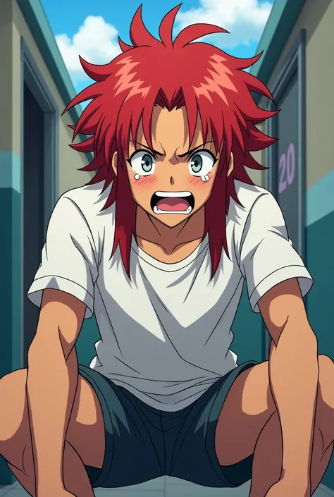 ANIME STYLE!!! Desperate  pees in his pants, he has long red hair, grey eyes and brown skin, he cries because of his accidentCabello largo, Avergonzado, Llorando, Animado, Estilo animado, Hombre