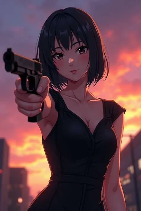 ( Max Image）,（background）,(beautiful  8K、Anime Images:1.3), ( real skin texture deep into the night:1.3), ( Film Grain :1.3),
( hold a Colt M1911 handgun realistically expressed in every detail in her right hand 、 takes action poses with a strong assertive...