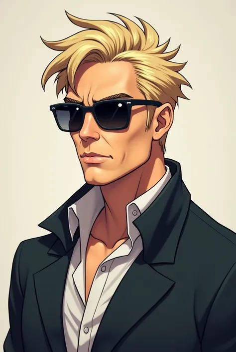 An adult man in a stylish blond casual outfit with dark glasses a trace of an anime