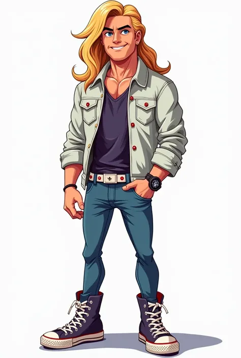 A cartoon of a young badboy man with a healthy physique with long hair that goes all the way down to his back, plain and very long blonde .,  Blue Eyes,  a light open denim jacket with long sleeves ,  an almost dark purple blue blouse inside the jacket ,  ...