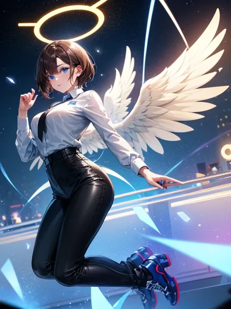 1 women, "Brown hair short ", "Blue eyes",Halo blue intense ," blue sky wings ", " particles blue orbs on stage",((High quality 4k)),"white long sleeve office worker shirt","tight black pants ", " blue futuristic shoes","messy office workers long black tie...