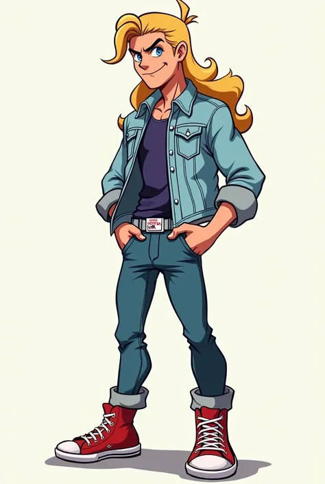  A cartoon of a young badboy man with a healthy physique with long hair that goes up to his back, plain and very long blonde .,  Blue Eyes, a light blue open denim jacket with long sleeves ,  an almost dark purple blue blouse inside the jacket ,  a white b...