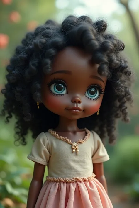 A doll with round face ,   dark skin ,  blue eyes and black curly hair