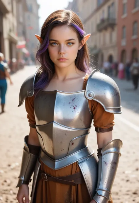 Masterpiece, Best Quality, Photorealistic, 1girl, solo, brown hair, elf ears, dark blue eyes, shoulder length hair, purple highlights, knight armor, flat chest, broad shoulders, transfem, trans woman, androgynous, tall, toned, slightly masculine, dirt road...