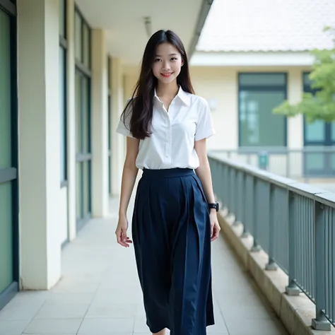  highest resolution, 8K, high definition, (((long hair))), (( thai student, half-caste, Thai-Japanese-Korean, Age s, Height 173 centimeters)), (((stand, walk))) , (((Beautiful face, แต่งBeautiful face, Double eyelids, red lips, Smile at the corners of your...