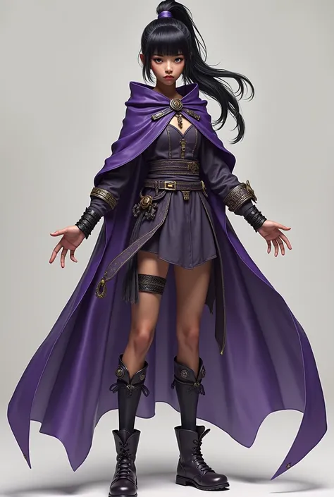  reality 　 Photographic 　 create a girls full body character concept sheet, Brown Skin,  with white and black striped hair 、 style with a ponytail that reaches the waist 、 with loose side bangs , Round lenses ,  magician wearing a purple cloak .  martial a...