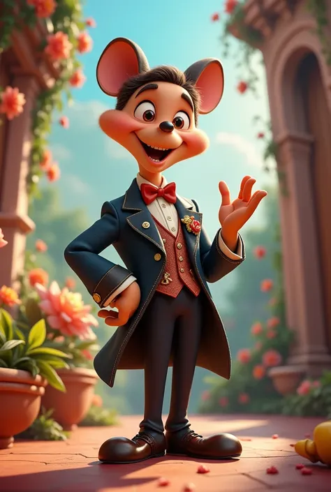 Create an image of a full-bodied animated man wearing formal Disney-style clothing 