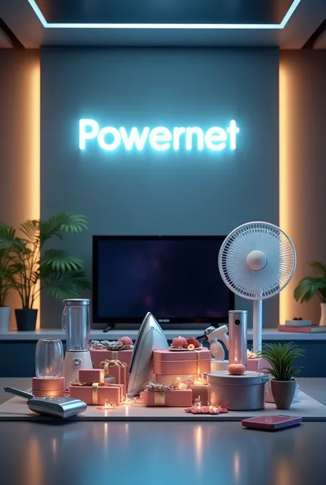 A table with gifts, a blender, an iron, a fan, a plasma TV, a set of pots, a cell phone and a sign in the background that says powernet..