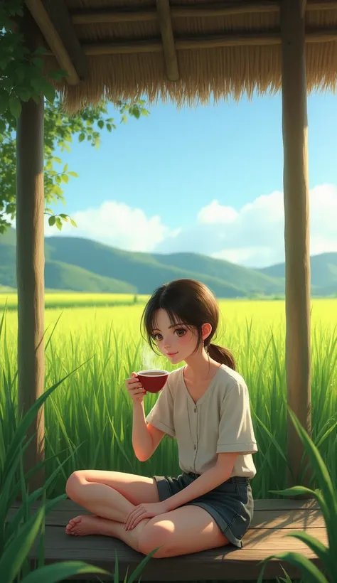 Beautiful smiling, realistic girl sitting with coffee in a hut in the middle of the field at the beautiful green rice