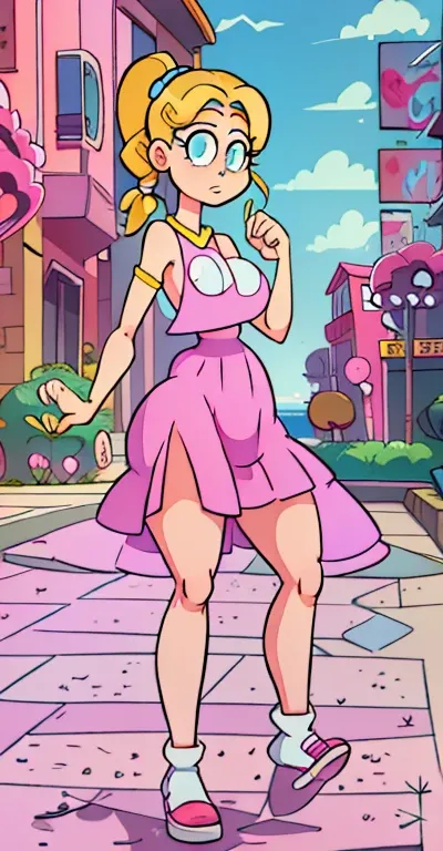 Teenage Helga Pataki from nickelodeon, yellow big pigtails, one single thick eyebrow, blue eyes, big ass, [Wide hips: 1.9] , full pink dress, alone, in the streets, small breasts, walking