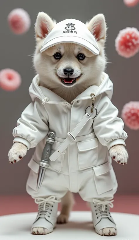 Realistic. Photorealistic. Image is vibrantly colored.
photo,Highly detailed

A white Shiba Inu puppy with the following characteristics

The puppy is small compared to the background

Mouth open,
Full body,
Photo quality,
Realistic,
Standing on its hind l...