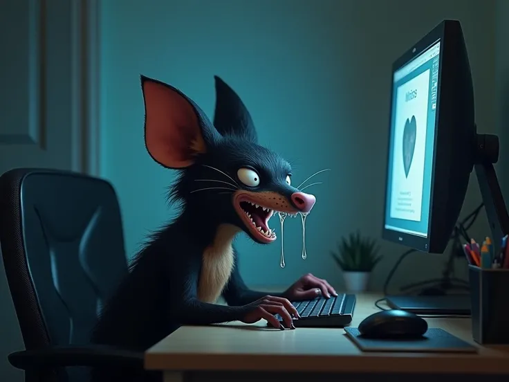 draw a crying Tasmanian devil,  sitting at the computer 