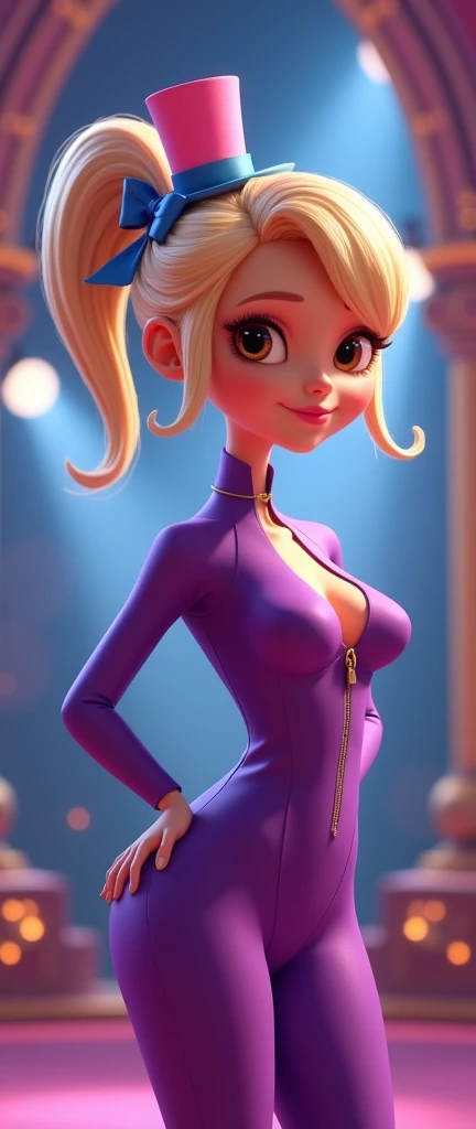 Pixar, beautiful woman, swedish, short blonde with ponytail with a blue ribbon, on a stage, lights, Amber Eyes, Naughty, High Resolution, Anatomically Correct, Pixar, 3d,cartoon, skin tight purple suit, tiny pink tophat, on stage