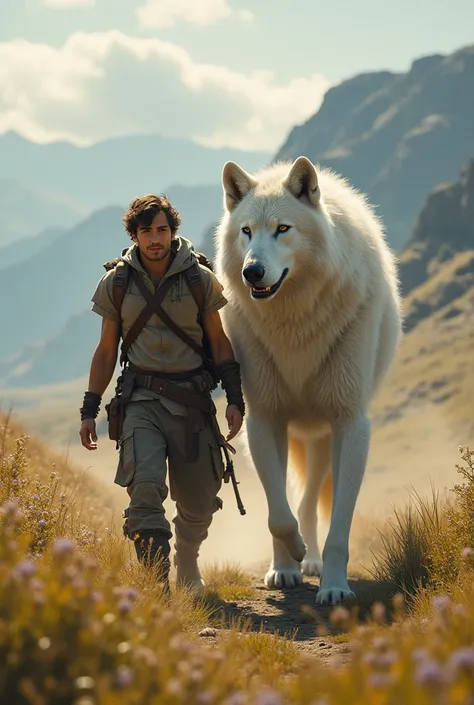 A young man walks alongside a giant white wolf