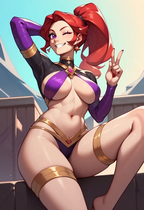 Mars, red nails, smiling, red hair, ponytail hairstyle, purple eyes, gold earings, purple genieoutfit, showing leg, gold brasalet, showing one boob, winking one eye, showing belly