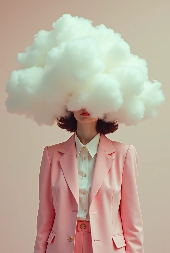 Surrealistic photograph of a girl in a business pink suit, with her head covered with large fluffy cotton clouds, face not visible. pastel color scheme with a retro-futuristic 1970s mood.


