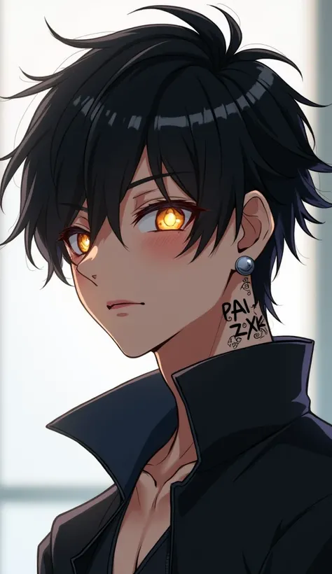 Anime character, young male, dark skin, short messy black hair, expressive glowing eyes, visible cheek tattoo under the right eye, visible tattoo under the left eye near the cheek with the word PAI ZXK in a stylish font, stylish letters, neck tattoo with i...