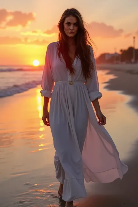 beautiful one women waking on the beach, long white tunic, red sunset, long brown hair, large hair, looking at camera