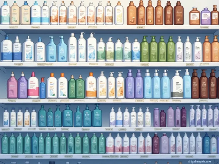 An anime-style illustration depicts neatly arranged supermarket shelves showcasing a variety of hair care products, including shampoos, conditioners, and treatments. The product packaging is vibrant, featuring colors **** blue, white, brown, green, and pur...