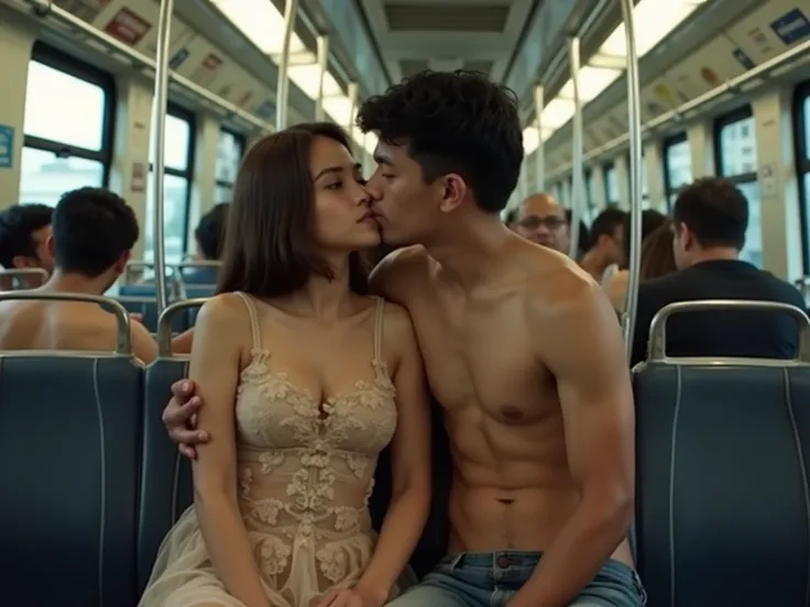 (Realistic), An Indonesian woman enjoying a romantic moment on a crowded train, the woman 30 years old is wearing a transparent, floral dress, visible underwears, while an Indonesian man jerks her.