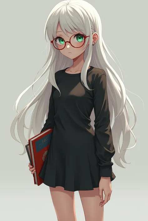 Create a white character ,  she is an albino with long waist-length hair and green eyes,  put round glasses on her head ,  she has very strong freckles on her face and piercings on her ears ,  make her with a dress I hope it fits black and short with red s...