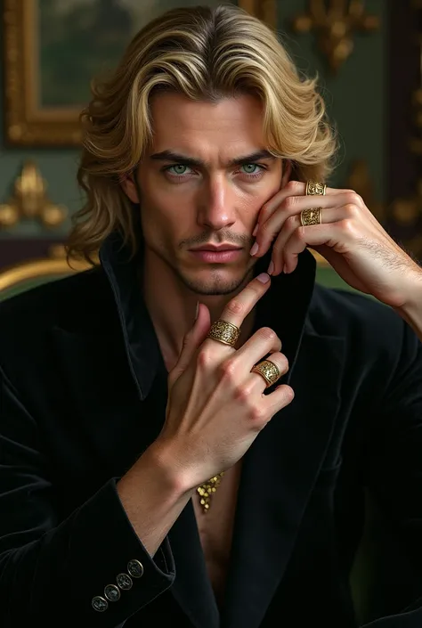 Green-eyed blond king dressed in black with gold rings on his hand sitting sensually 