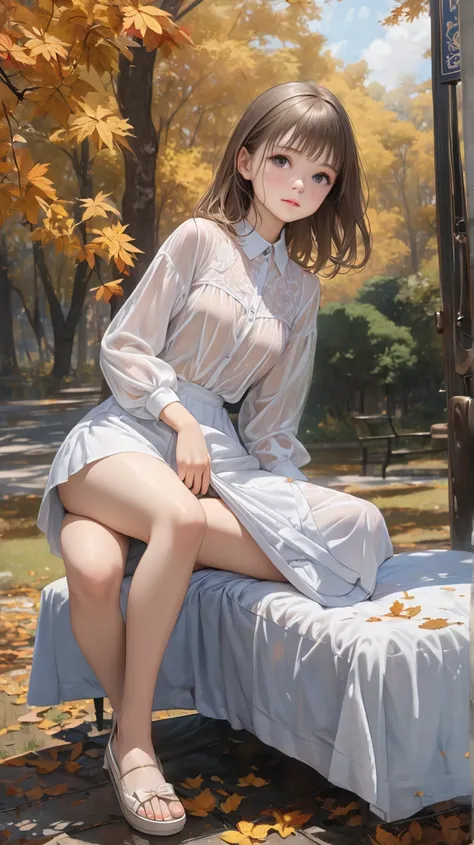  full body image,Realistic(masterpiece,Highest questions answered :1.4),(16k,RawPhotos,Realistic:1.2), Detailedskin,  detailface ,   slender girl in early fall park , cute face, Super Resolution,  realistic detailed illustrations ,,{{{Exquisite ,complicate...