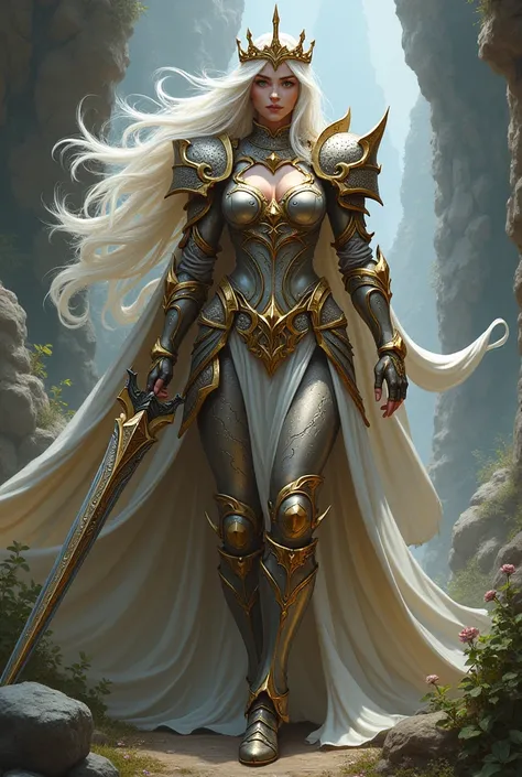 Queen Fairy Warrior Raffis、Long white hair、Armor and weapons 、Queens Crown Picture  
