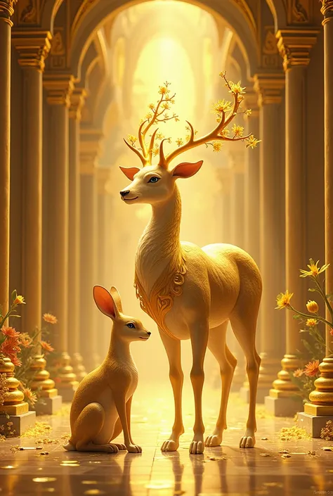 yellow, female deer and hare, mythological, in golden palace