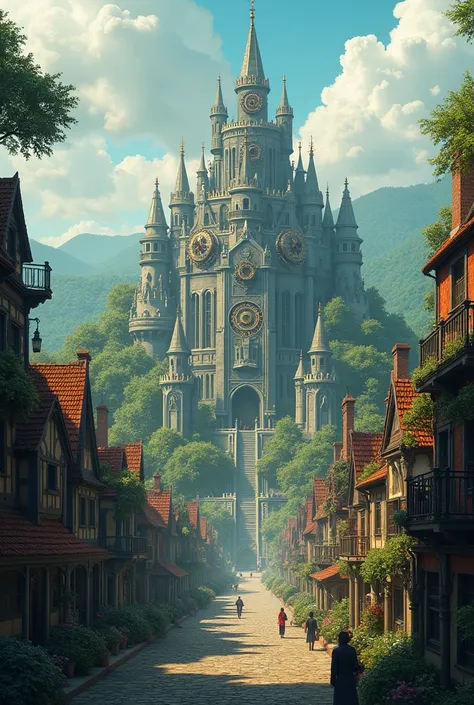 Create outdoor background of a medieval fantasy city ,  steampunk style with trees and a castle in the background, From 1920 by Hancho and 1080 tall